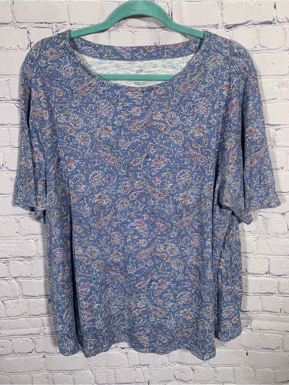 J.JIll Womens Pima-Slub Elbow-Sleeve Tee Floral Blue Sz 2X Lagenlook Cottagecore